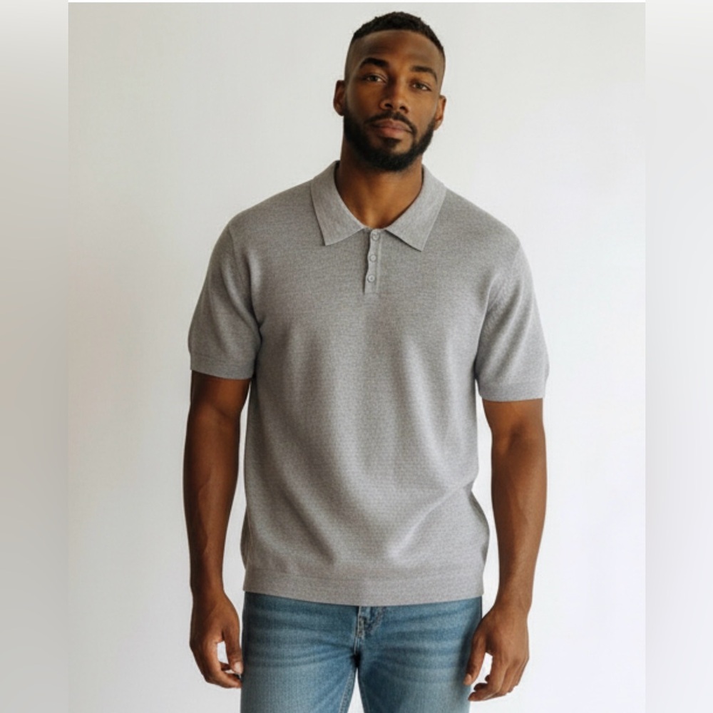 THOM AARON | Men's Short Sleeve Knit Polo Shirt Xl Moon Gray